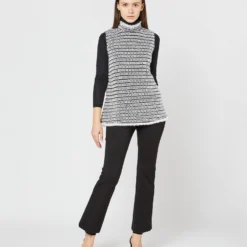 Sleeveless Ana Fringe Top In Ivory/Black Filagree Flower Wool 18 Sleeveless Ana Fringe Top In Ivory/Black Filagree Flower Wool -Chicorya Sales S72099 3864