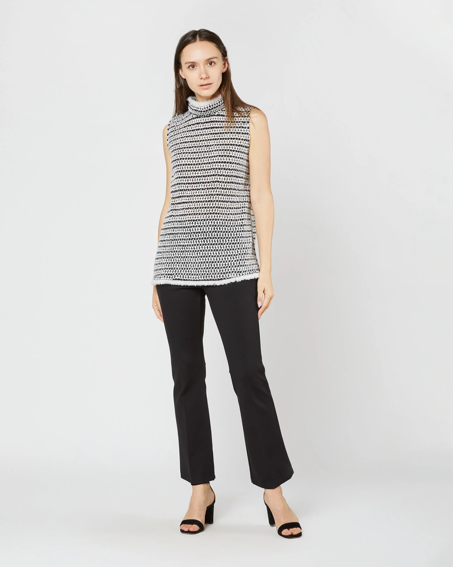 Sleeveless Ana Fringe Top In Ivory/Black Filagree Flower Wool 3 Sleeveless Ana Fringe Top In Ivory/Black Filagree Flower Wool