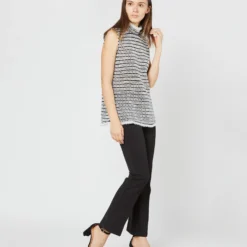 Sleeveless Ana Fringe Top In Ivory/Black Filagree Flower Wool 15 Sleeveless Ana Fringe Top In Ivory/Black Filagree Flower Wool -Chicorya Sales S72099 4075