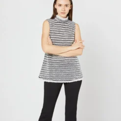 Sleeveless Ana Fringe Top In Ivory/Black Filagree Flower Wool 17 Sleeveless Ana Fringe Top In Ivory/Black Filagree Flower Wool -Chicorya Sales S72099 4111