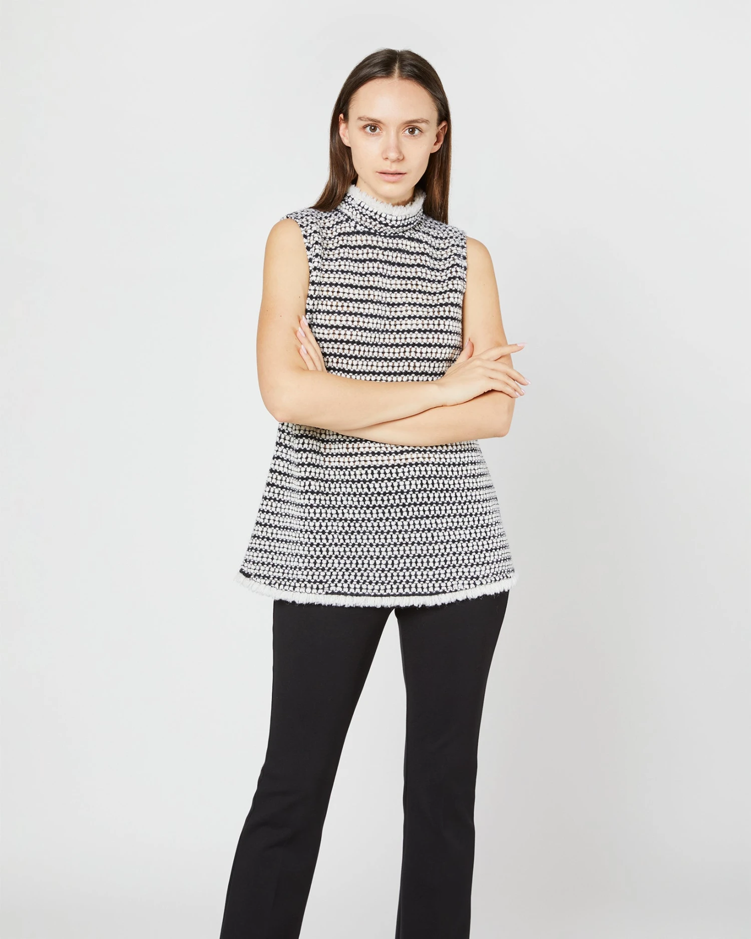 Sleeveless Ana Fringe Top In Ivory/Black Filagree Flower Wool 8 Sleeveless Ana Fringe Top In Ivory/Black Filagree Flower Wool - Image 6