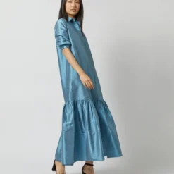 Manon Dress In Steel Blue Silk Shantung 18 Manon Dress In Steel Blue Silk Shantung -Chicorya Sales S72255 9706
