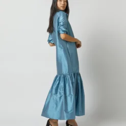 Manon Dress In Steel Blue Silk Shantung 21 Manon Dress In Steel Blue Silk Shantung -Chicorya Sales S72255 9727