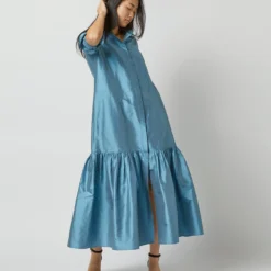 Manon Dress In Steel Blue Silk Shantung 19 Manon Dress In Steel Blue Silk Shantung -Chicorya Sales S72255 9752