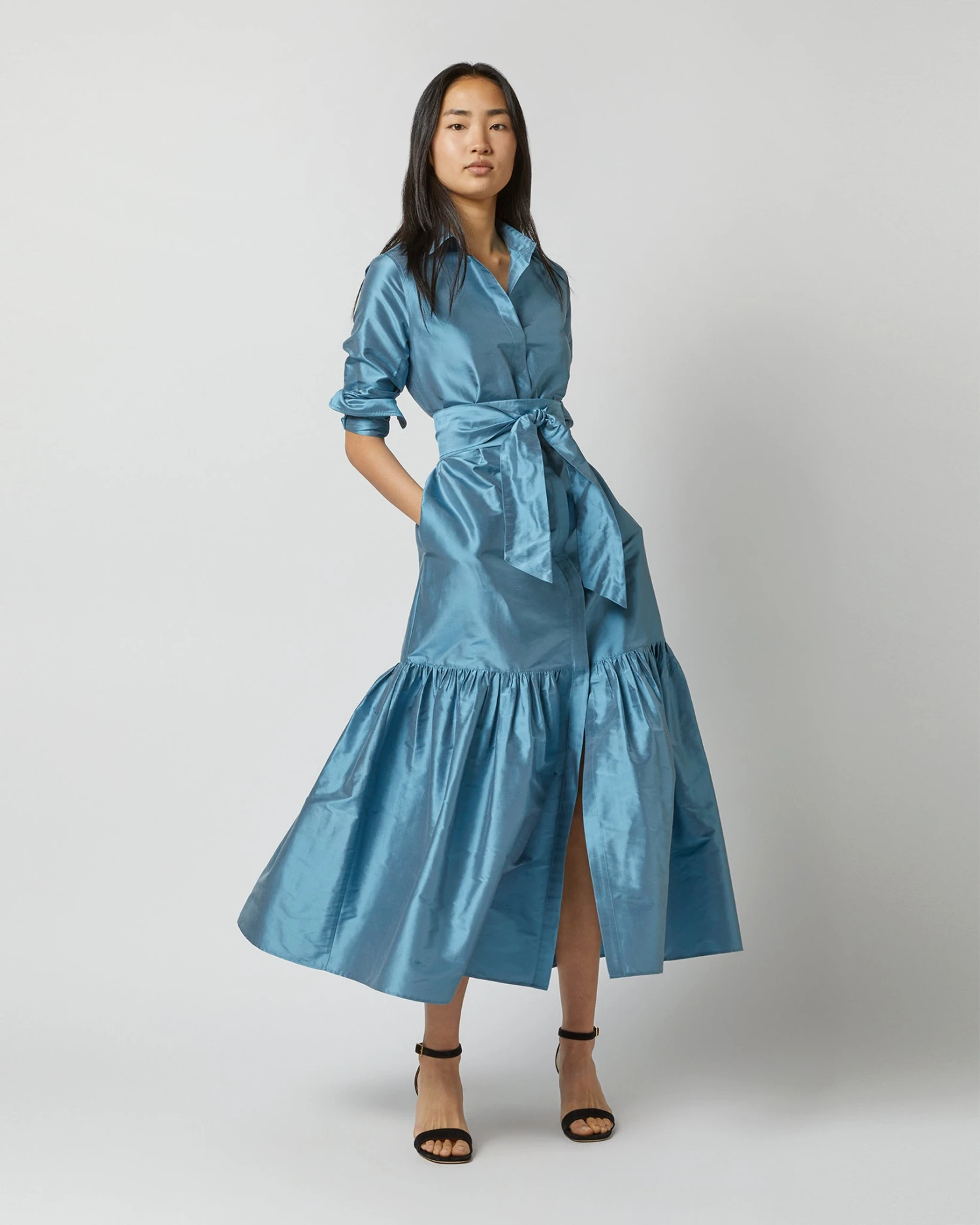 Manon Dress In Steel Blue Silk Shantung 3 Manon Dress In Steel Blue Silk Shantung