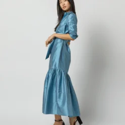 Manon Dress In Steel Blue Silk Shantung 16 Manon Dress In Steel Blue Silk Shantung -Chicorya Sales S72255 9821