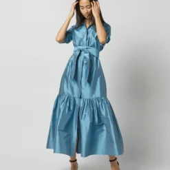Manon Dress In Steel Blue Silk Shantung 17 Manon Dress In Steel Blue Silk Shantung -Chicorya Sales S72255 9828