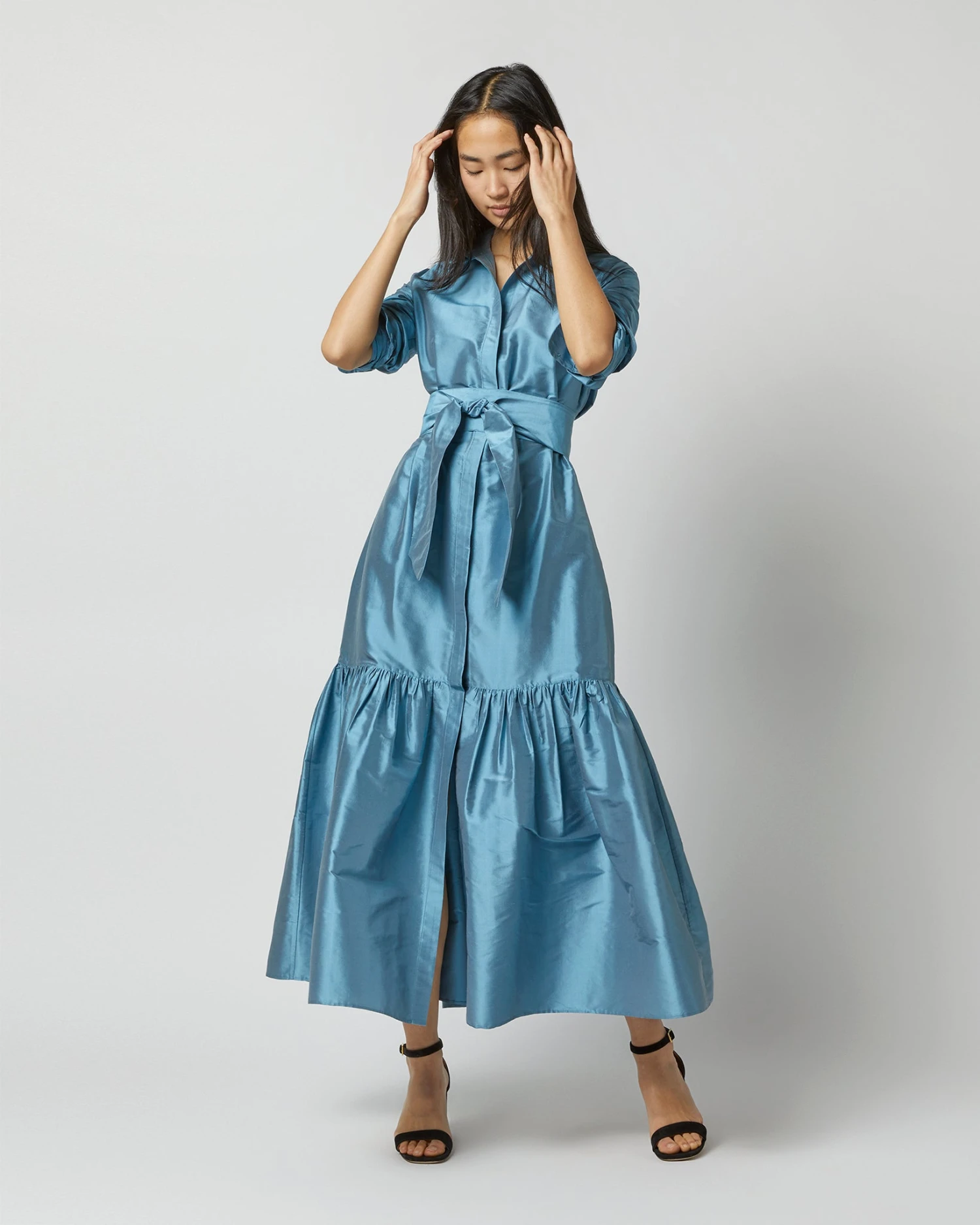 Manon Dress In Steel Blue Silk Shantung 7 Manon Dress In Steel Blue Silk Shantung - Image 5